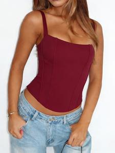 Back Drawstring Adjustable Strap Cami Sexy Crop Top Women Slim Boned Double Layered Daily Wear Outfit Corset Top