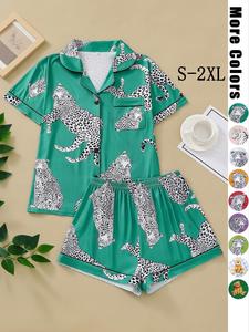 Women's 2pcs Button Front Shirt & Elastic Waist Shorts Pyjama Set, Short Sleeve Lapel Neck Top & Shorts PJ Set For Lady, Women's Sleepwear For Summer Home Wear Pajamas