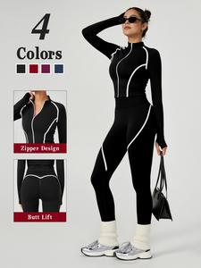 Women's High-End Fitness Yoga Set, Half High Neck Long Sleeve Top & High Waist Butt Lifting Pants, Gym Workout Clothes, Sweat-Wicking Sports Set, Gym Athletic Clothes, Sportswear For Gym