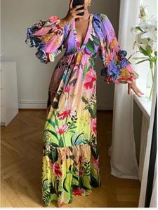 Women's Floral Print Chiffon Dress, Elegant Deep V Neck Long Sleeve Dress for Spring & Fall, Women's Clothing for Vacation Holiday Party