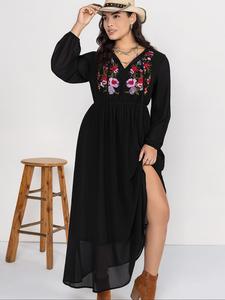 【Plus Size】 Floral Embroidery Long Sleeve Dress, Boho Dress for Beach Holiday Vacation, Women's Clothes for Summer