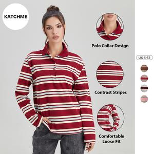 Katch Me Look Women's Casual Color-Matching Stripe Partial Button Long Sleeve Top, Versatile Striped Cotton Polo Shirt, Comfort Loose Streetwear