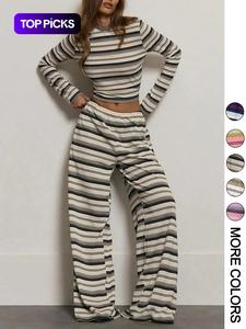 Women's Long Sleeve Striped Shirt Set, Cute Casual for Autumn Winter, Elegant Airport Office Wear, Comfortable Warm Fabric