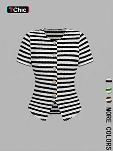 1 Piece Vintage Striped Crew Neck Waist-Cinched Cardigan, Daily Casual Commuter Short Sleeve Top