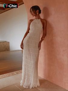 Women's Elegant Backless Halter Maxi Dress, Stylish Beach Vacation Dress for Summer, Romantic Casual Evening Wear