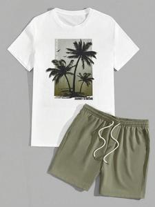 Summer Fresh Casual suit - white crew neck top printed with palm tree print + green shorts - with pocket drawstring, soft fabric, skin friendly breathable, men's summer 2 piece suit