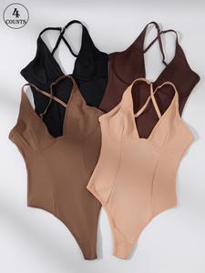 4 piece set sexy cross-back Bust bodysuit with tummy control and butt-lifting design, underwire with adjustable straps, non-padded and push-up style, suitable for daily casual wear, high-elasticity shapewear for women