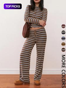 women's casual colorblock striped long sleeve top & loose-fit pants set, perfect for holidays, commuting, daily wear