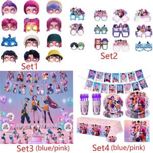 Kpop Demon Hunters Happy Birthday Party Supplies Set,Kpop cazadores de demonios feliz cumpleaños de la fiesta suministros conjunto paquete  birthday decorations -Happy Birthday Banners, Various Balloons, Backgrounds, Tablecloth, Placemats,Plates, Cups,