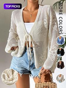 Women's Plain Sheer Tie Front Knitting Sweater Cardigan, Casual Basic Elegant Long Sleeve Cardigan for Daily Wear, Ladies Knitwear for All Seasons, Going Out Tops, Womenswear, Longsleeves Knitted Shirt, Crochet Cardigan