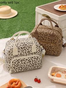 1pc Portable Cherry Corduroy Insulated Lunch Bag, Corduroy Lunch Tote, Star & Leopard-Print Lunch Box, Reusable With Adjustable Shoulder Strap, Large Capacity Cooler Bag Waterproof Thermal Bento Pouch Thickened For Students, Work