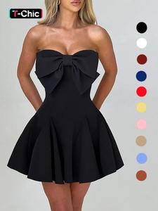 Women's Bow Decor Backless Tube Short Dress, Fashion Casual Strapless Fit and Flare Dress for Daily Outdoor Wear, Women Dress for Spring Fall