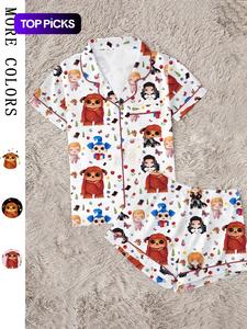 Women's Labyrinth Printed Sleepwear Set, Comfortable Two-Piece, Short Sleeve Button-Up Top and Elastic Shorts, Casual Home Wear