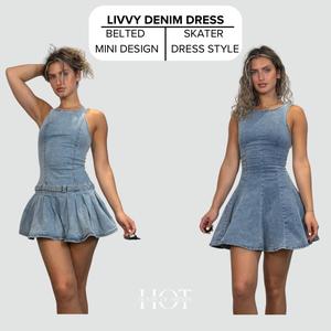 [HouseOfTrendz] LIVVY Stretchy Denim Mini Dress - Belted Dress with Racer Neck Back & Pleated Skirt Design - Womens, Zip Up, Denim Blue Stretch, Structured, Skater Style, Party, Festival, Summer Dress with buckle Casual Outfit