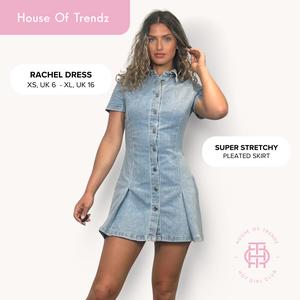 [HouseOfTrendz] RACHEL Short Sleeve Denim Pleated Dress - Womens, Tailored, Stretchy Denim, Casual, Summer Dress, Button Up, Collared, Shirt Dress