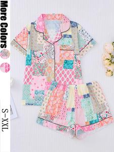 Women's Floral Printed Sleepwear Loungewear Set, Short Sleeve Button-Up Shirt & Elastic Shorts, Casual Home Wear, All Seasons