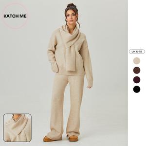 Katch Me Look Women's Slouchy Solid Color V-Neck Long Sleeve Sweater with Scarf & Wide Leg Trousers Co-ord, Cozy Fall & Winter Outfits, Ladies' Knit Clothing
