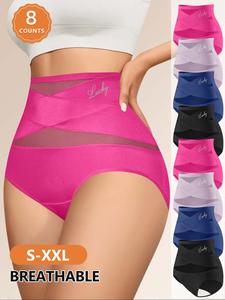 Women's Letter Print Contrast Mesh High Waist Briefs, Breathable Comfy Sheer Knicker for Daily Wear, Women's Underwear for All Seasons, Womenswear, Casual Elegant Panty, Breathable Soft Underwear, Breathable Fit Panties, Breathable Underpants