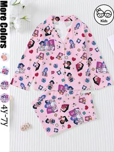 Cute Capybara Print Kids Fire-Resistant Pajama Set, Long Sleeve Button Front Top & Elastic Pants, Casual All-Season Sleepwear