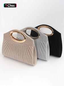 Women's Elegant Glitter Evening Clutch Bag, Fashionable Metal Circle Carrying Handle Tote Bag, Surface Pleated Design, Dual Magnetic Clasp Switch, Suitable for Wedding, Party, Evening Party