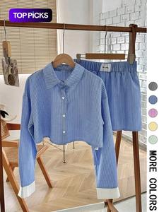 Women's Striped Print Button Front Shirt & Shorts Two-Piece Set, Casual Long Sleeve Collared Top & Shorts for Spring & Fall, Ladies Clothes for Daily Wear