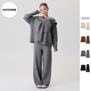 Katch Me Look Women's Slouchy Solid Color Soft Thermal Sweater with Scarf & Wide Leg Trousers Co-ord (B), Cozy Two Piece Outfits for Fall & Winter, Elegant Womenswear