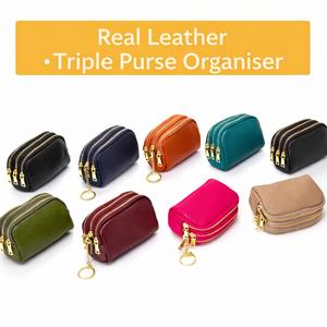 Real Leather Triple Zip Purse | Compact Coin & Card Holder | Keyring Wallet
