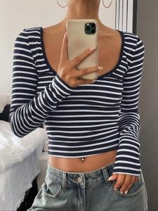 Women's Striped Print Scoop Neck Crop Tee, Casual Long Sleeve T-shirt for Fall & Winter, Women's Clothing for Daily Wear Tops