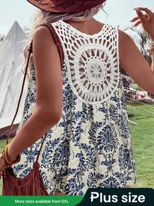 【Plus Size】 All Over Print Lace Trim Knit Top, Boho Sleeveless Top for Summer, Women's Clothes for Daily Wear, Womenswear