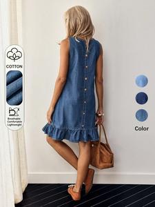 Women's Mid-Length Slimming Button Back Ruffle Hem Denim Dress, Stylish and Comfortable, Perfect for Casual Wear, Ideal for Daily, Trendy Fashion Choice