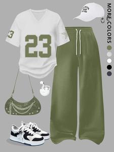 Women's 2026 V-Neck T-Shirt & Wide-Leg Pants Set, Casual Y2K Street Style, Breathable Material, Perfect for Summer, Concerts, Festivals, Womenswear