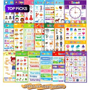 English Learning Theme Poster, 20pcs/set Cognitive Time Fruits Colours Animals Bodies Educational Wall Poster for Home Decor and Classroom Wall Decoration, Visual Learning Tools, Student Painting Supplies, School Supplies