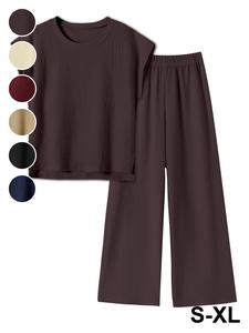 Summer New Plain Round Neck Drop Shoulder Sleeve Wide Leg Pants Casual Set, Textured Loose Slim Fit Sleeveless Two-Piece, Lazy and Elegant Style Womenswear