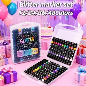 48 Color Dual Tip Glitter Markers Set, Fast Drying Fine Point Watercolor Pens, Ideal for Coloring Books, Card Making, Journaling, Drawing