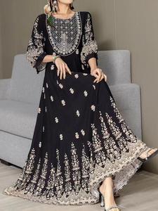 Vacation Boho Long Dress, Loose Round Neck, Heavy Embroidery, A-Line Waist Cinch, Travel Ethnic Style, All Seasons