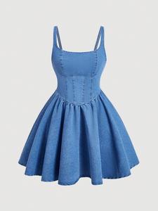 Vintage Fishbone Waist Jeans Dress, Thin Straps High Waist A-Line Skirt, Fluffy Umbrella Short Dress, Retro Style Fashion