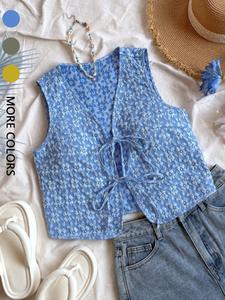 Women's Floral Jacquard Tie Front Vest, Casual Fitted V Neck Sleeveless Outerwear for Summer, Ladies Clothes for Daily Wear, Womenswear, Tops, Lightweight Vest, Crop Tops