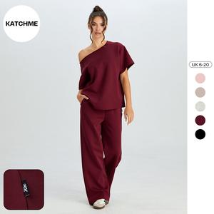 Katch Me Look Women's Leisure Solid Color Sloping Shoulder Short Sleeve Top & Drawstring Waist Wide Leg Trousers Co-ord, Minimalist Two Piece Outfits Womenswear