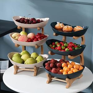 3 Tier Fruit Basket, 1 Count Large Capacity Tiered Fruit Basket Stand, Bamboo Fruit Basket Fruit Tray Snack Nuts Bread Candy Storage Rack, Shelf