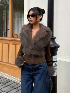 Women's Fashion Street Style Faux Fur Jacket, Zipper Long Sleeve Coat, Fall & Winter Thick Fabric Outerwear, Casual Wear