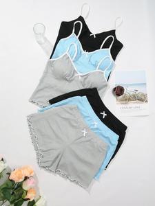 Women's Solid Bow Front Lettuce Trim Crop Cami Top & Shorts Pyjama Set, Casual Comfy Cute Spaghetti Strap Camisole & Shorts Pj Set, Ladies Summer Sleepwear, Womenswear