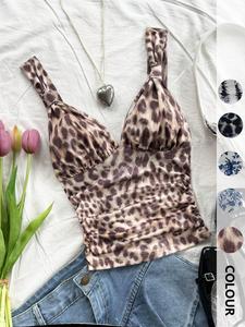 Women's Leopard Print Ruched Tank Top, Casual Sleeveless Strappy Leopard Print Cami Top for Summer, Ladies Clothes for Daily Wear, Womenswear, Chic Sleeveless Summer Tops, Casual Fitted Sleeveless Boho Backless Camisole