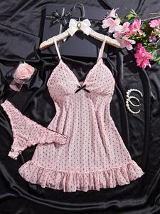 Women's Elegant Polka Dot Mesh Nightgown with Ruffle Hem, Breathable Elegance Sleepwear with Bow Decoration, Comfortable & Chic Loungewear, Womenswear