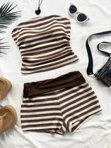 Summer 2-Piece Set: Colorblock Ruffle Bustier and Low Waist Shorts, Textured Knit, Perfect for Vacation and Summer