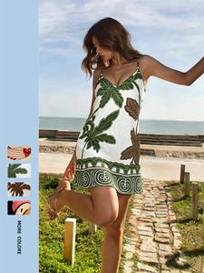 Summer Abstract Plant Print Halter Dress, V-Neck Flowy Beach Short Skirt, Casual Vacation Style, Slimming European Design