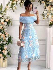 Elegant Floral Embroidered One-Shoulder Dress, Pure Color Formal Party Wear, Women's Chic Fashionable Evening Gown, Perfect for Special Occasions, Womenswear