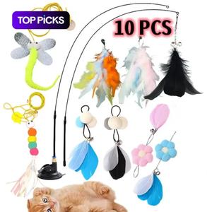 Cat Teaser Toy, 10pcs/set Interactive Cat Teaser Toy, Pet Interactive Toy, Fun Indoor Cat Toy, Cats Chasing Toy, Dog Toys, Animal Supplies