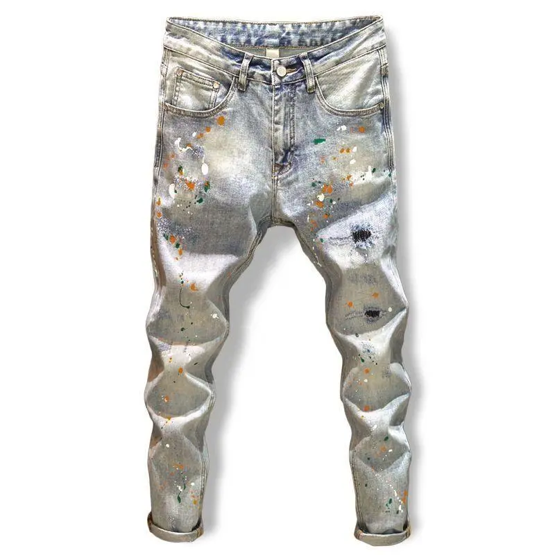 New Arrival Kpop Korean Style Men's Designer Clothes High Quality Washed Paint Splatter Ripped Jeans Distressed Cotton Trousers Menswear Pants Gamis Streetwear