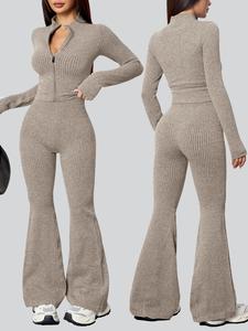 Women's Sportswear Set, Sexy Casual Fitness, Tight Elasticity Bootie Women Zipper Sports Top Set, Autumn Winter Ladies Sportwear, Solid Tracksuit Set