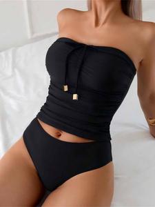 New Fashion Sexy Cute Bikini Set with Detachable Straps, Adjustable Strapless Beach Vacation, All-Season Casual Style, High Rise Swimwear